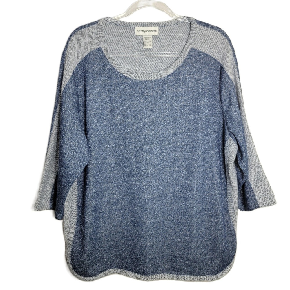 Cathy Daniels Womens 2X Blue Gray‎ Metallic Lurex Knit 3/4 Sleeve Top